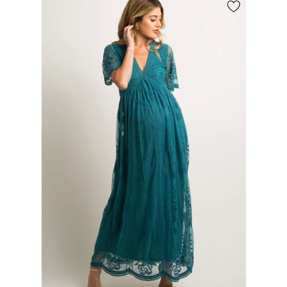 PinkBlush Teal Lace Mesh Overlay Maternity Maxi Dress